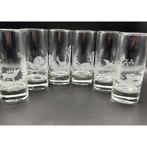 Vintage Woodland Animal Drinking Glasses Set Of 6 MCM Etched Highball Tumbler